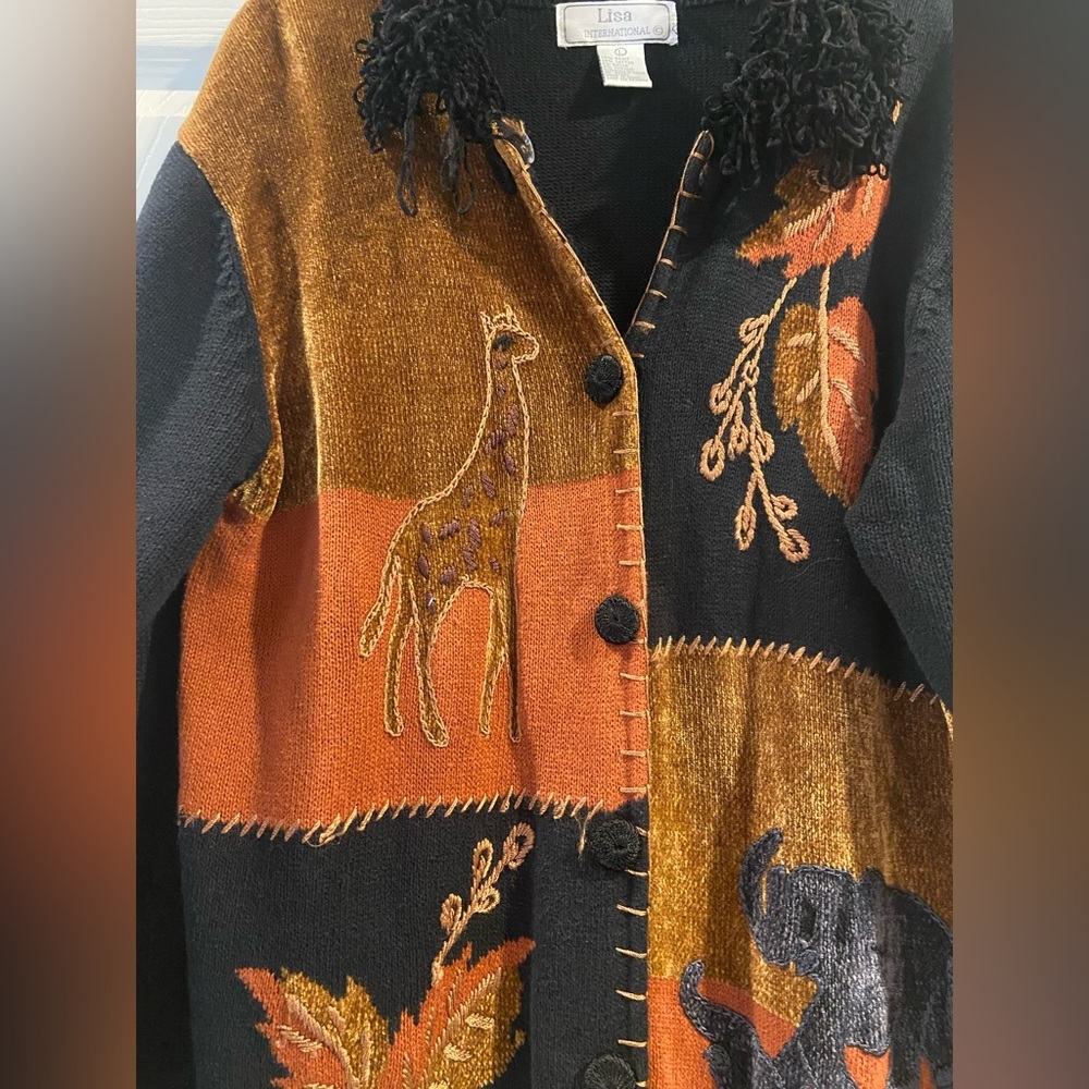 Lisa International Vintage Cardigan Sweater Elephant Giraffe Fall Leaves Size L - Picture 4 of 5